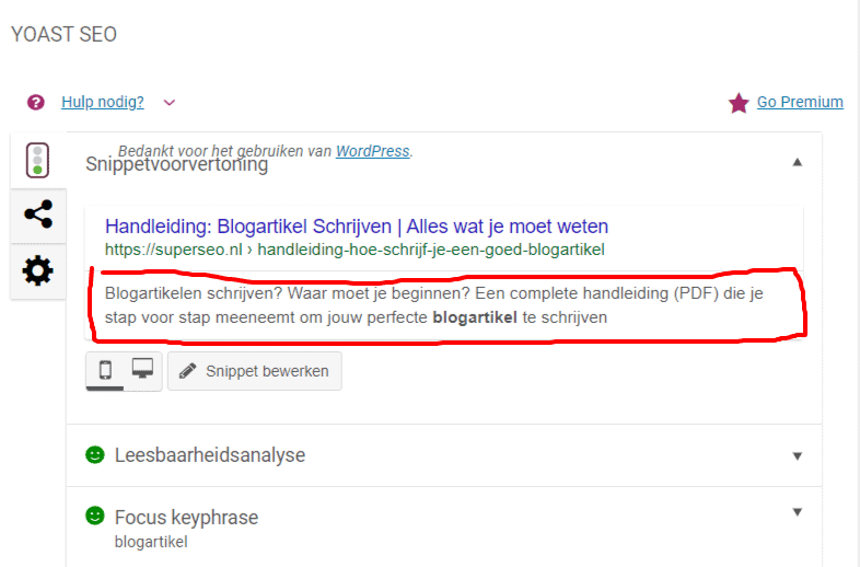 meta description invullen in Yoast plugin voor WordPress
