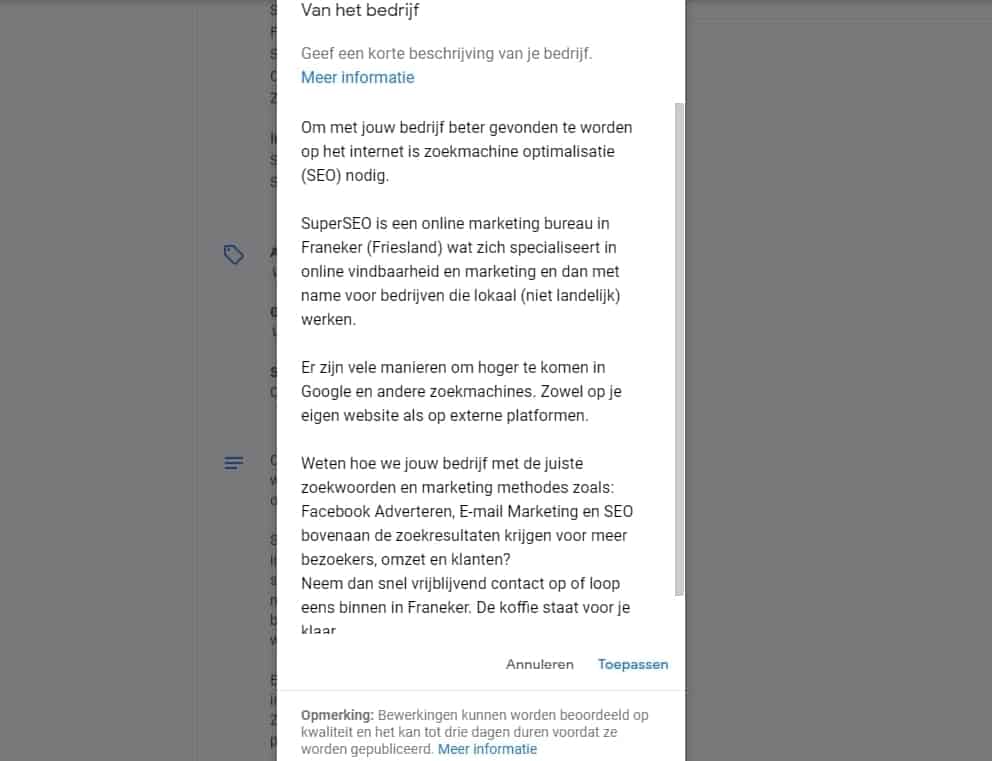 Google mijn bedrijf omschrijving bewerken en optimaliseren.