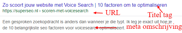 Zo zien je metatags eruit in de zoekresultaten. Meta data voor voice search.