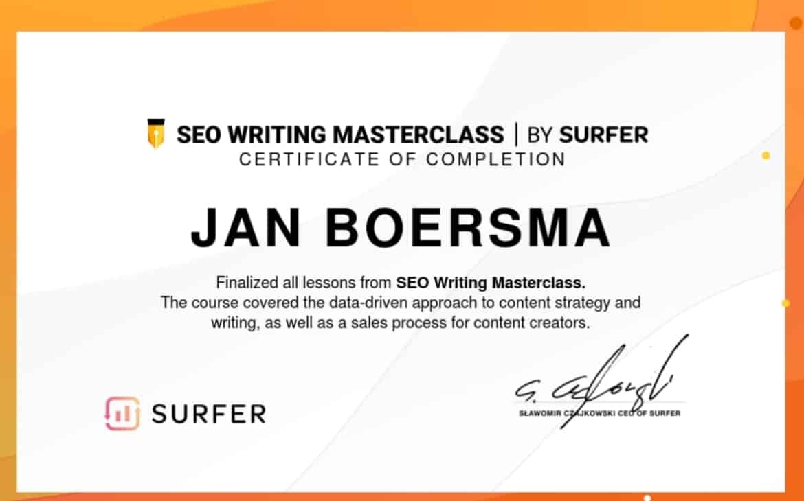 Jan Boersma Certificaat erkend seo tekstschrijver