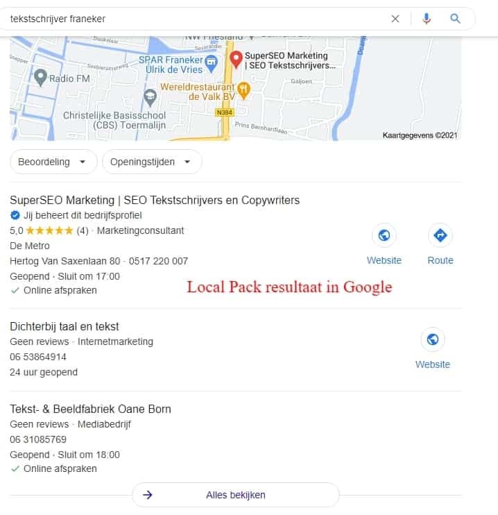 local pack resultaat in Google zoeken. 3 bdrijven worden uitgelicht in lokale zoekresultaten.