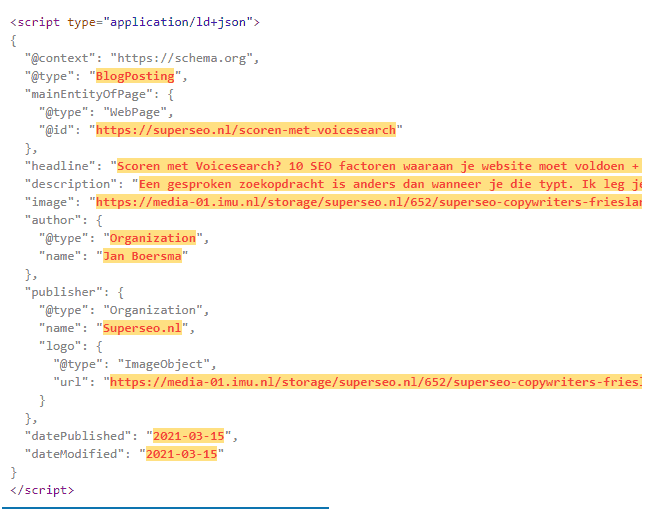 schema markup is een html code fragment wat aangeeft waar je tekst over gaat. voorbeeld van schema markup html code.