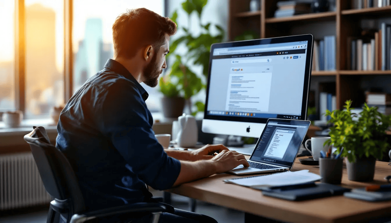 In the image, a man is sitting behind a laptop displaying Google SEO results, highlighting the impact of recent core updates on website performance. The screen shows relevant search results, emphasizing the importance of valuable content and the ongoing changes in Google's search algorithm.